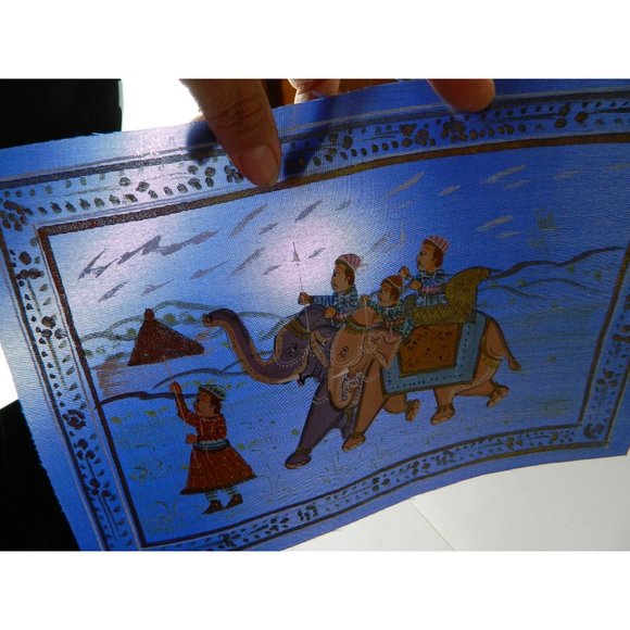 Blue Silk Elephant Folk Art Asian Silkscreen Print 12" X 9" - Picture 4 of 12